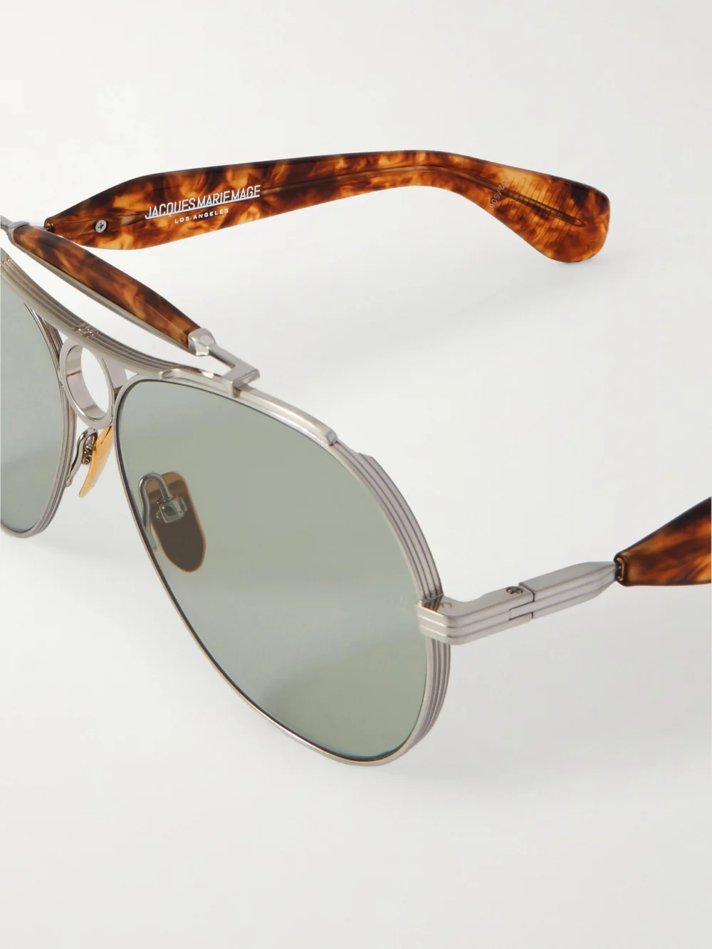 Close-up detail of the Jacques Marie Mage Aspen Aviator-style Silver-tone and Acetate Sunglasses