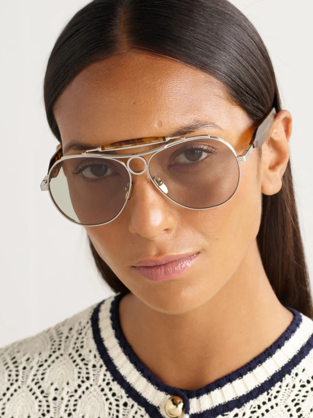 Jacques Marie Mage Aspen Aviator-style Silver-tone and Acetate Sunglasses, styled view