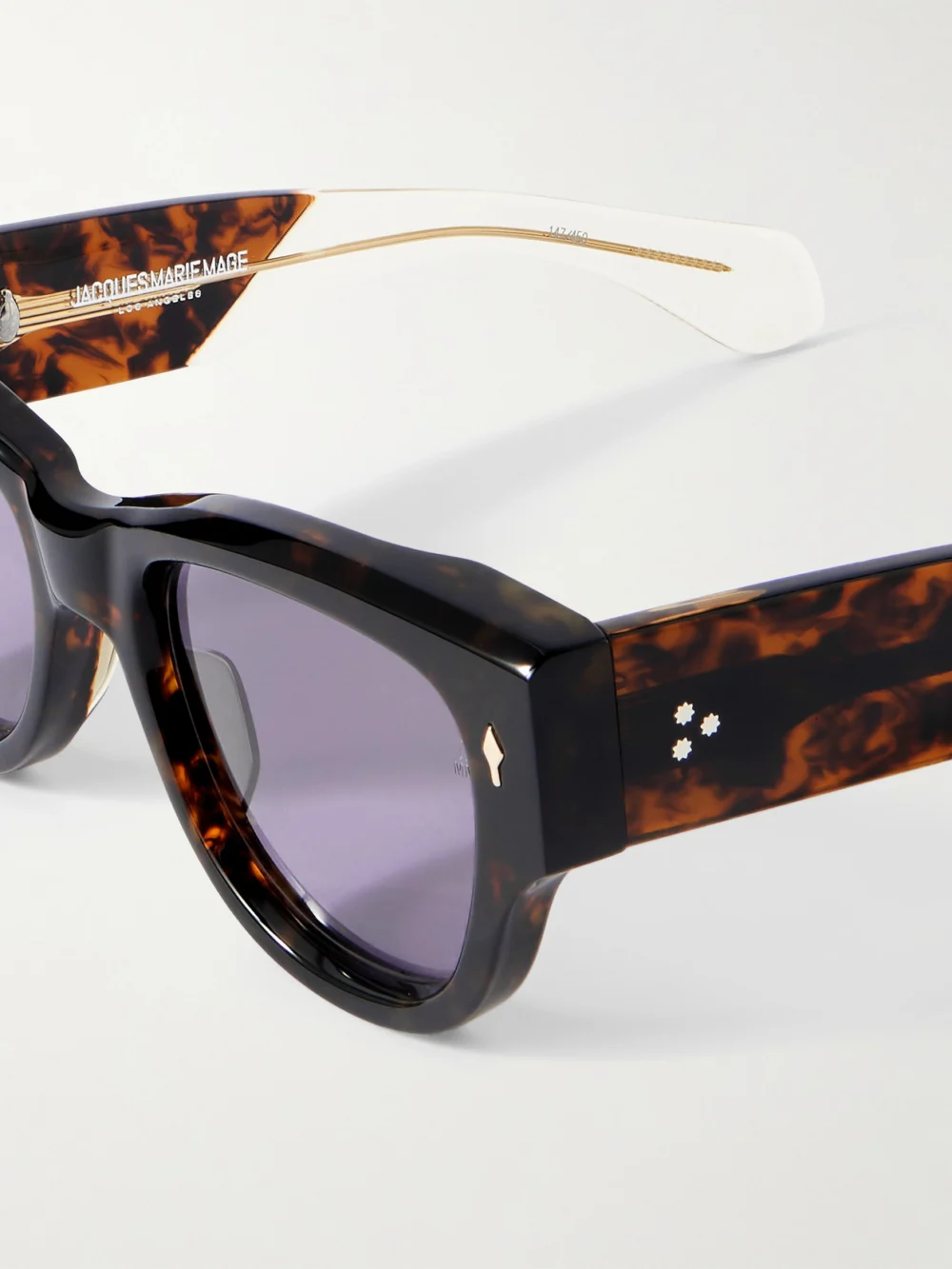 Close-up detail of the Jacques Marie Mage Chelsea Square-frame Tortoiseshell Acetate Sunglasses