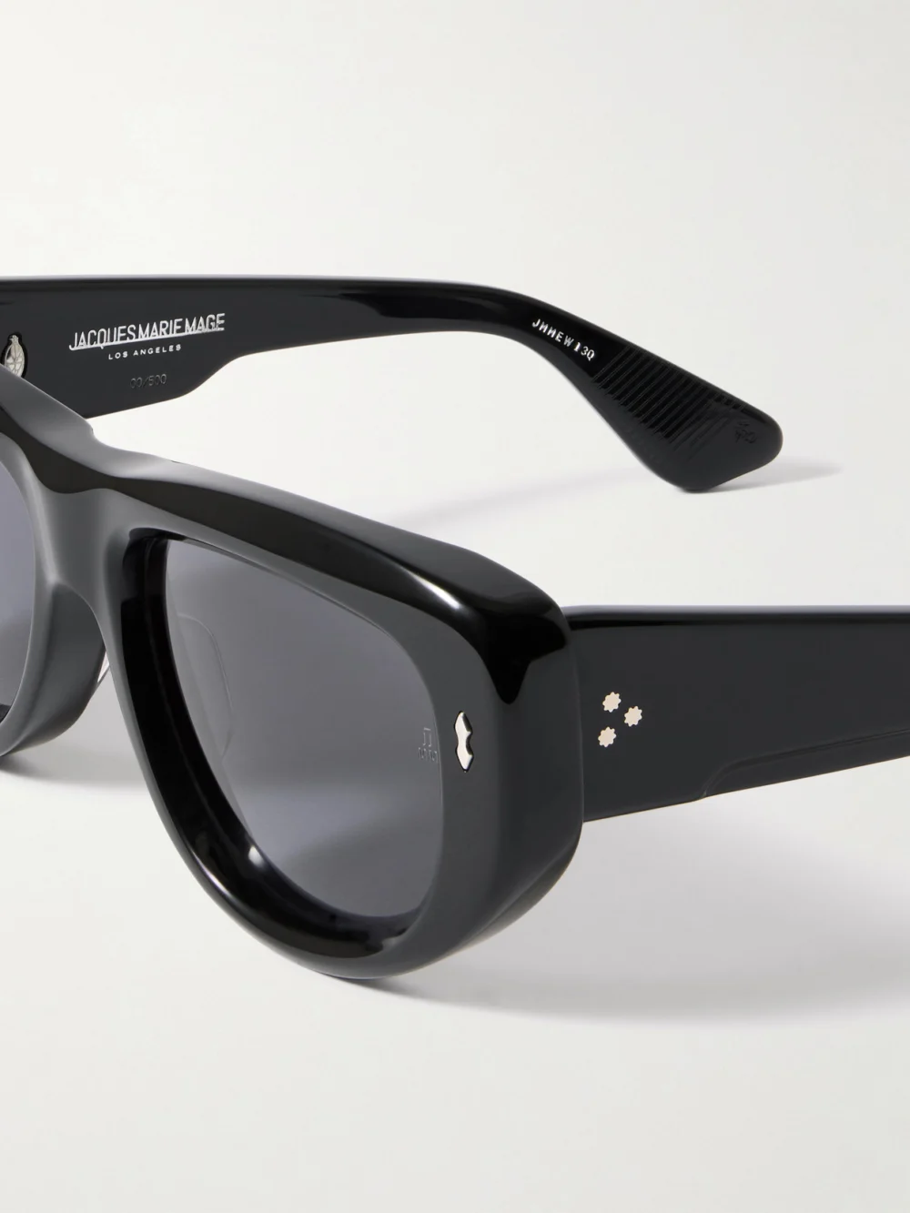 Close-up detail of the Jacques Marie Mage + Erin Wasson the Sud Square-frame Acetate Sunglasses