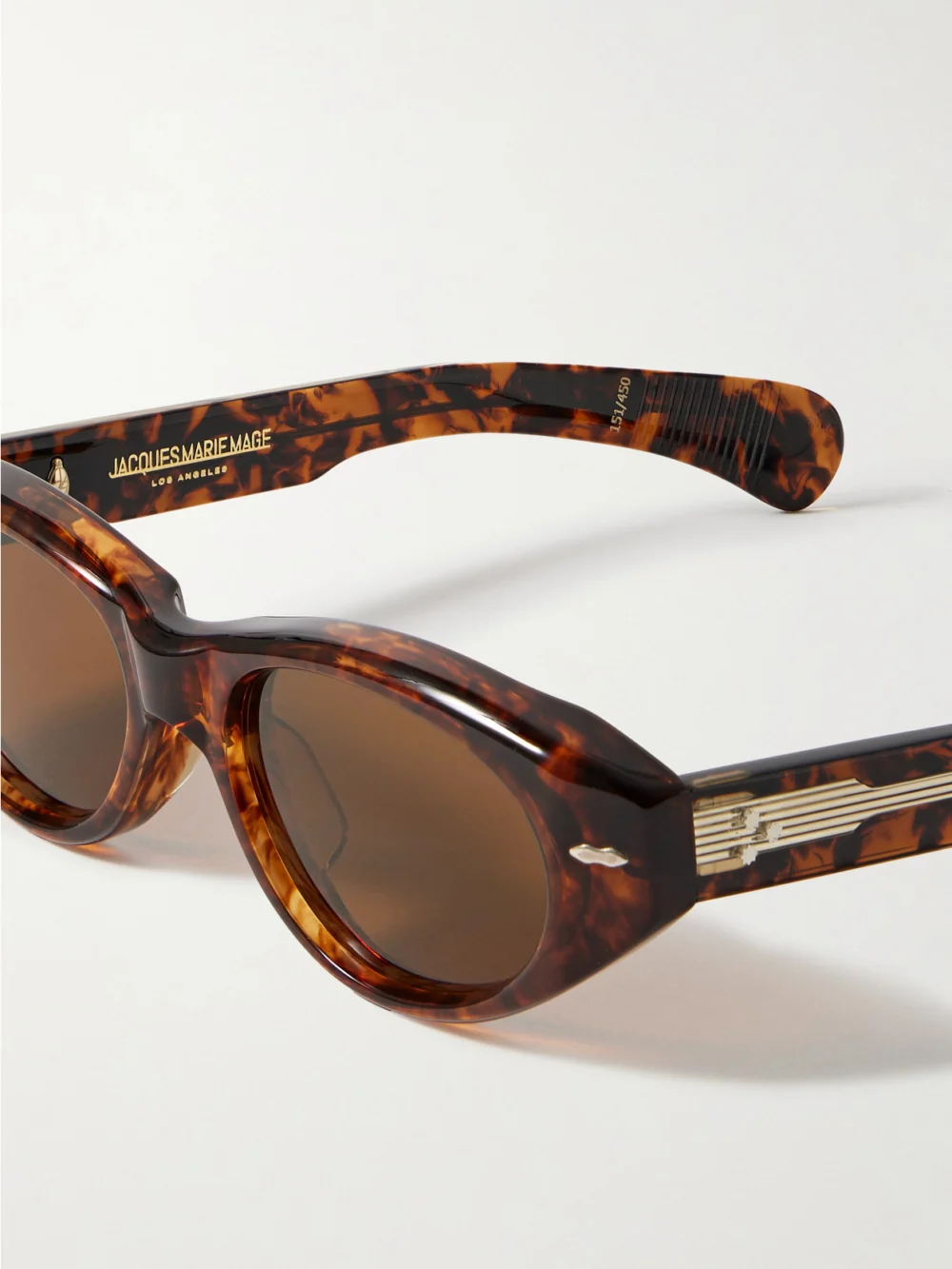 Close-up detail of the Jacques Marie Mage Krasner Cat-eye Tortoiseshell Acetate Sunglasses