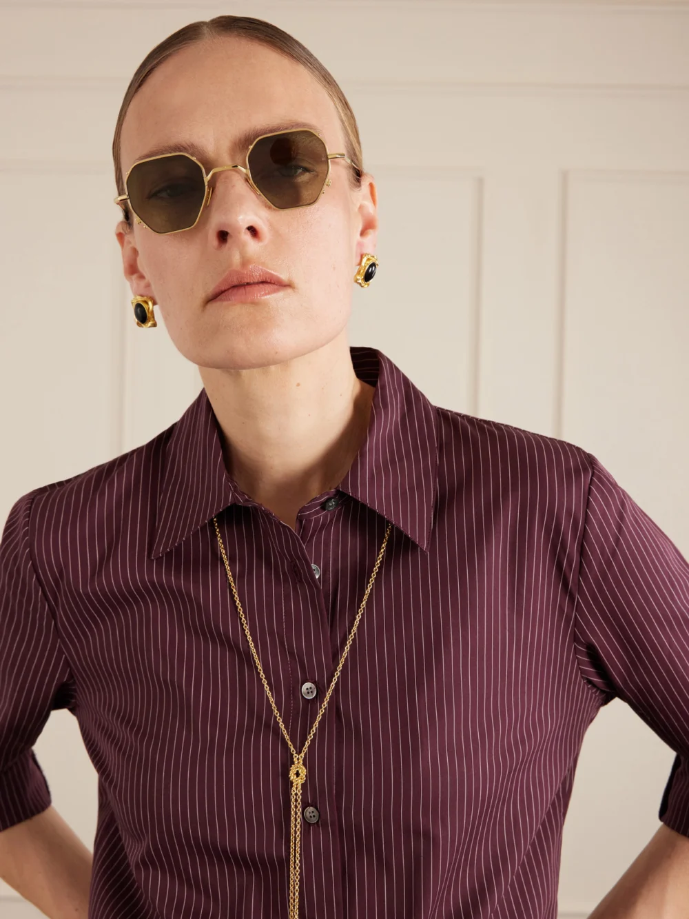Jacques Marie Mage Verlaine Round-frame Gold-tone Sunglasses, styled view