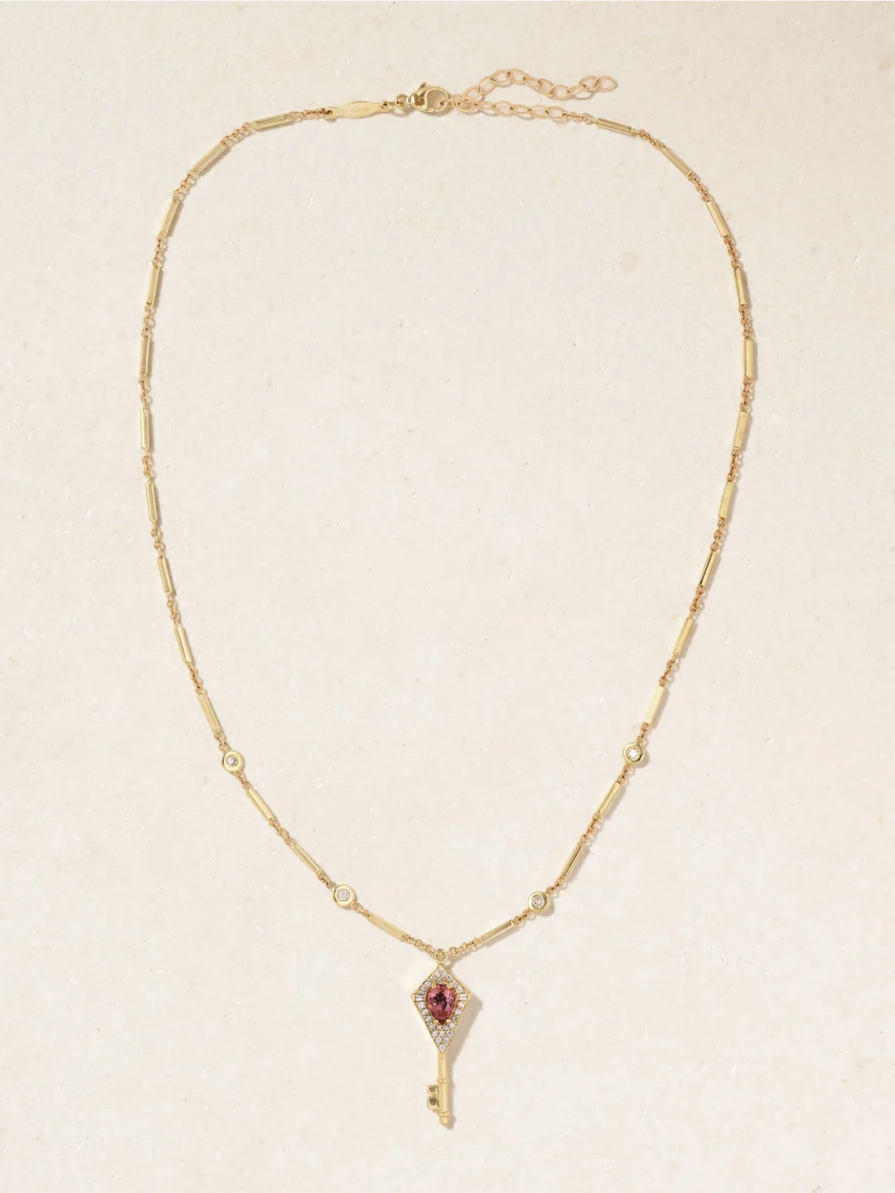 Close-up detail of the Jacquie Aiche 14-karat Gold, Diamond and Tourmaline Necklace