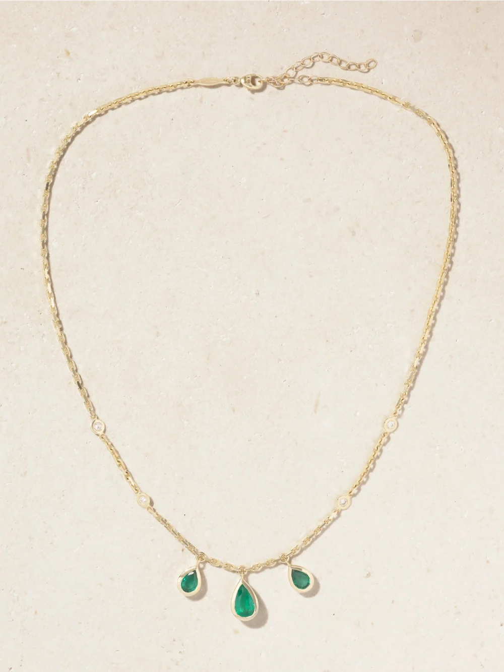 Close-up detail of the Jacquie Aiche 14-karat Gold, Emerald and Diamond Necklace