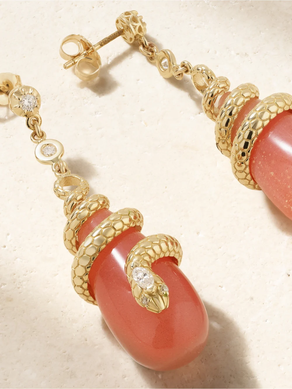 Close-up detail of the Jacquie Aiche 14-karat Gold, Moonstone and Diamond Earrings