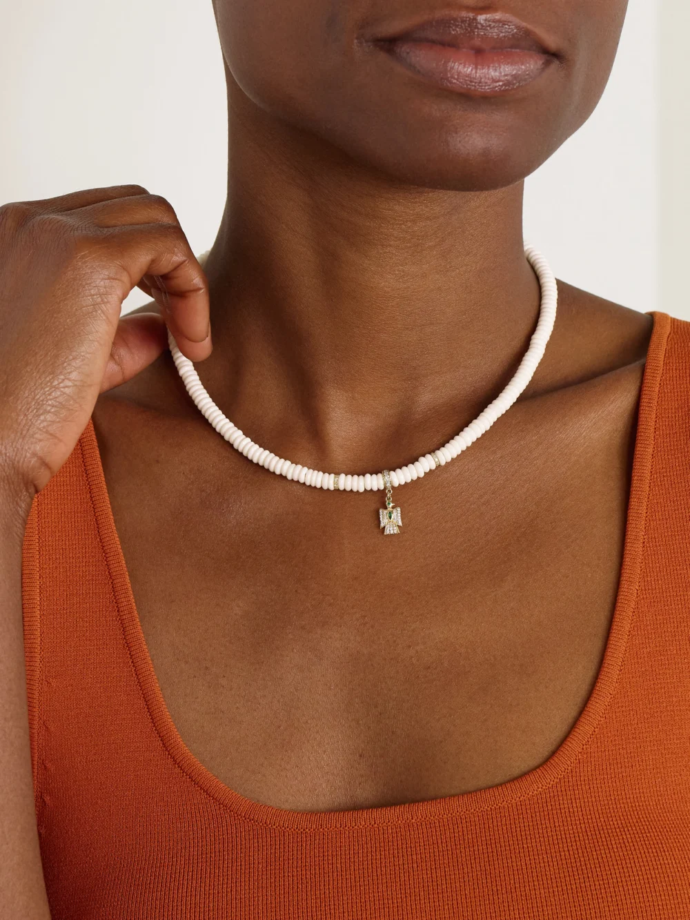 Jacquie Aiche Thunderbird 14-karat Gold, Bone, Diamond and Emerald Necklace, styled view