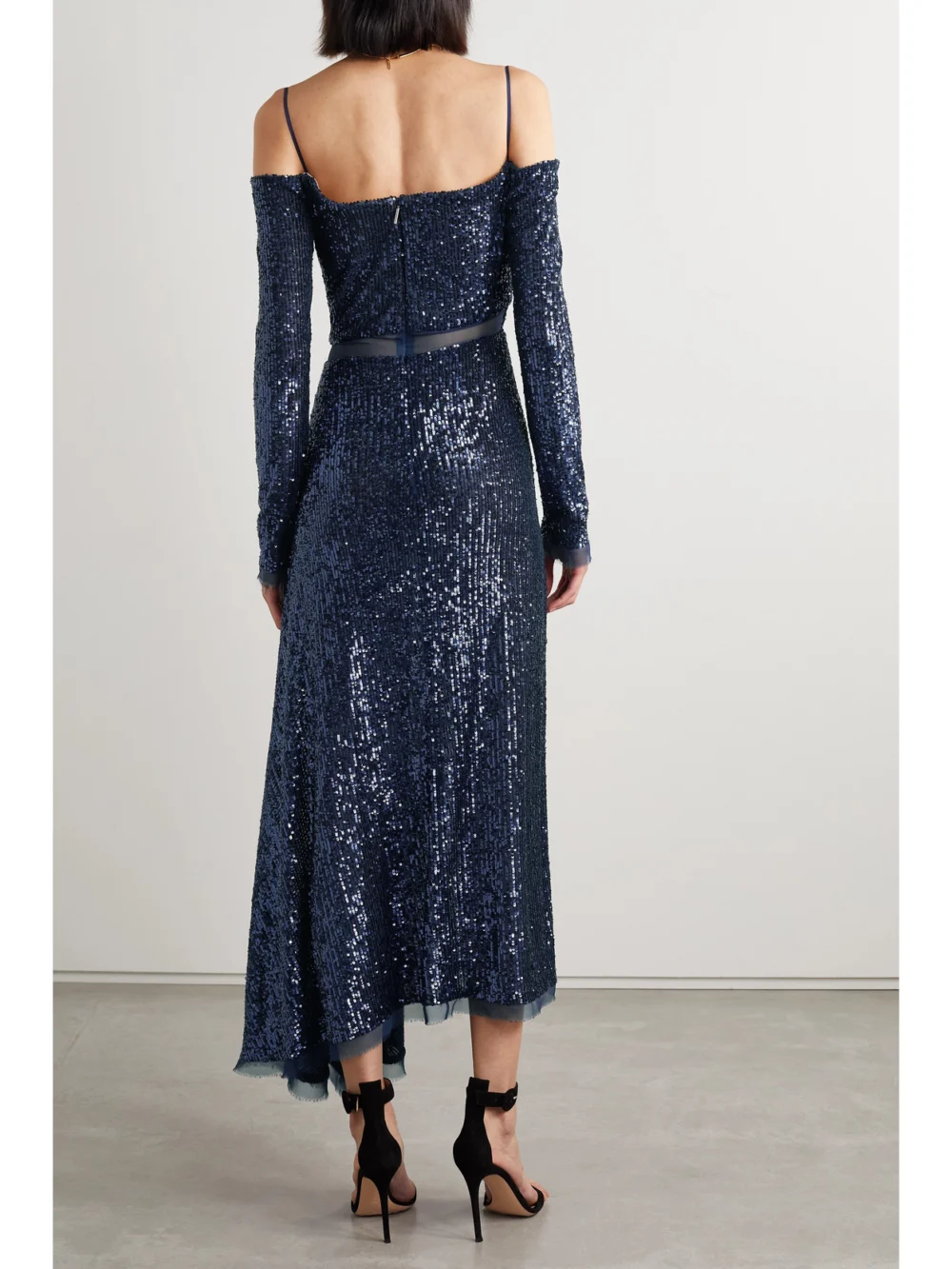 Back view of the Jason Wu Collection Asymmetric Cold-shoulder Sequined Chiffon Maxi Dress
