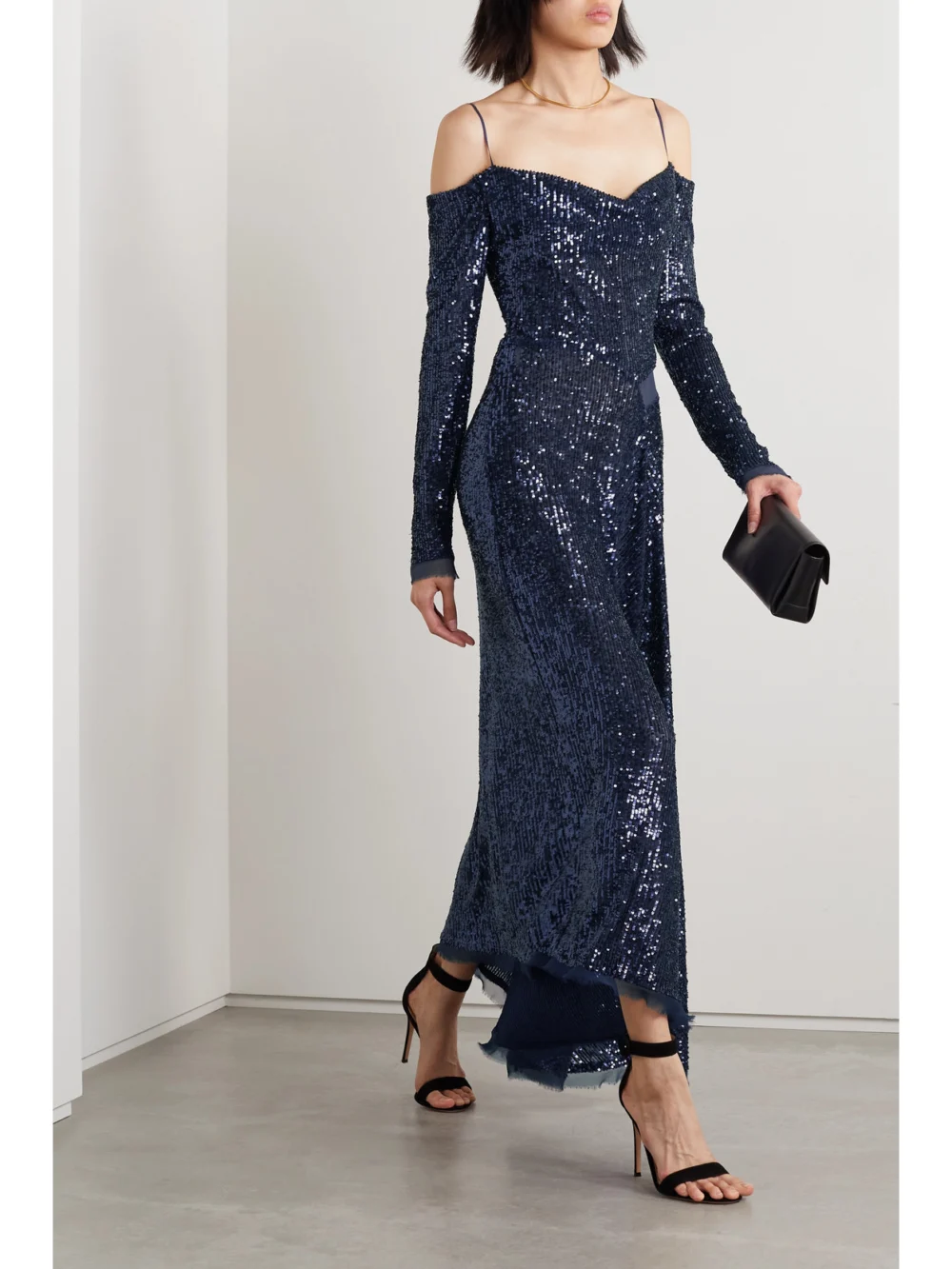 Jason Wu Collection Asymmetric Cold-shoulder Sequined Chiffon Maxi Dress, worn by a model