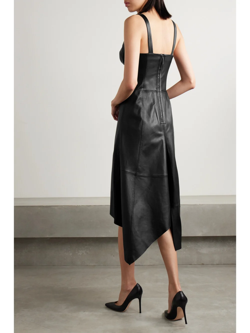 Back view of the Jason Wu Collection Asymmetric Paneled Leather Midi Dress