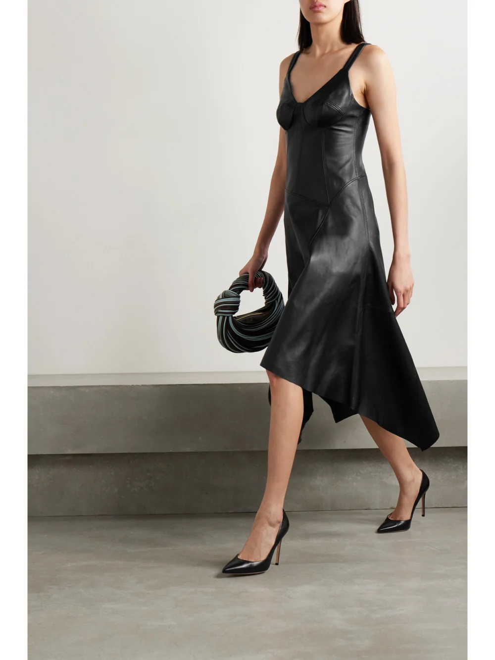 Jason Wu Collection Asymmetric Paneled Leather Midi Dress, worn by a model