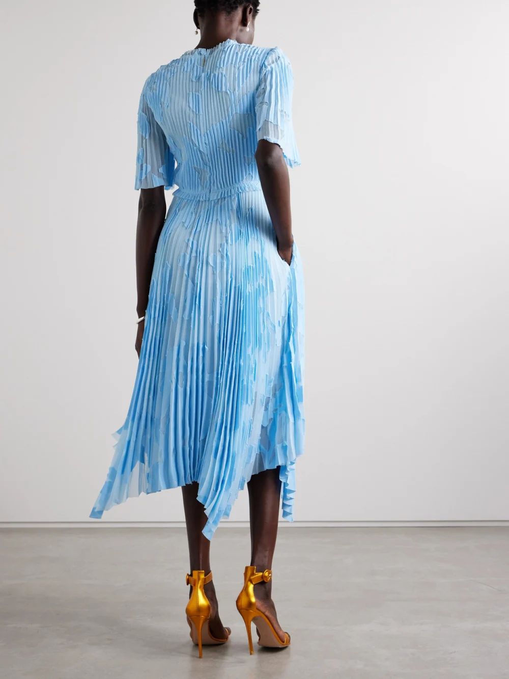 Back view of the Jason Wu Collection Asymmetric Ruffled Pleated Devoré-chiffon Midi Dress