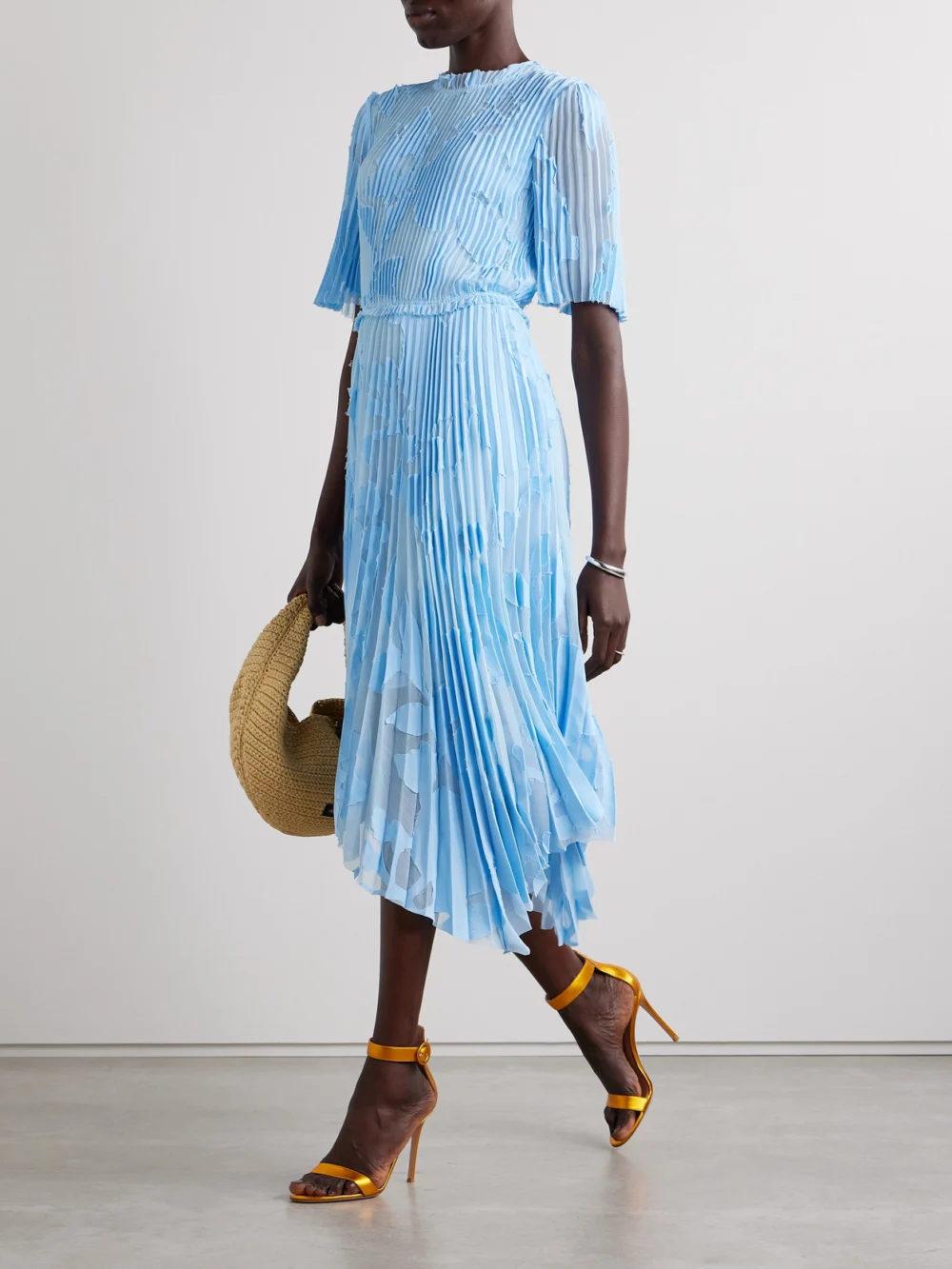 Jason Wu Collection Asymmetric Ruffled Pleated Devoré-chiffon Midi Dress, worn by a model