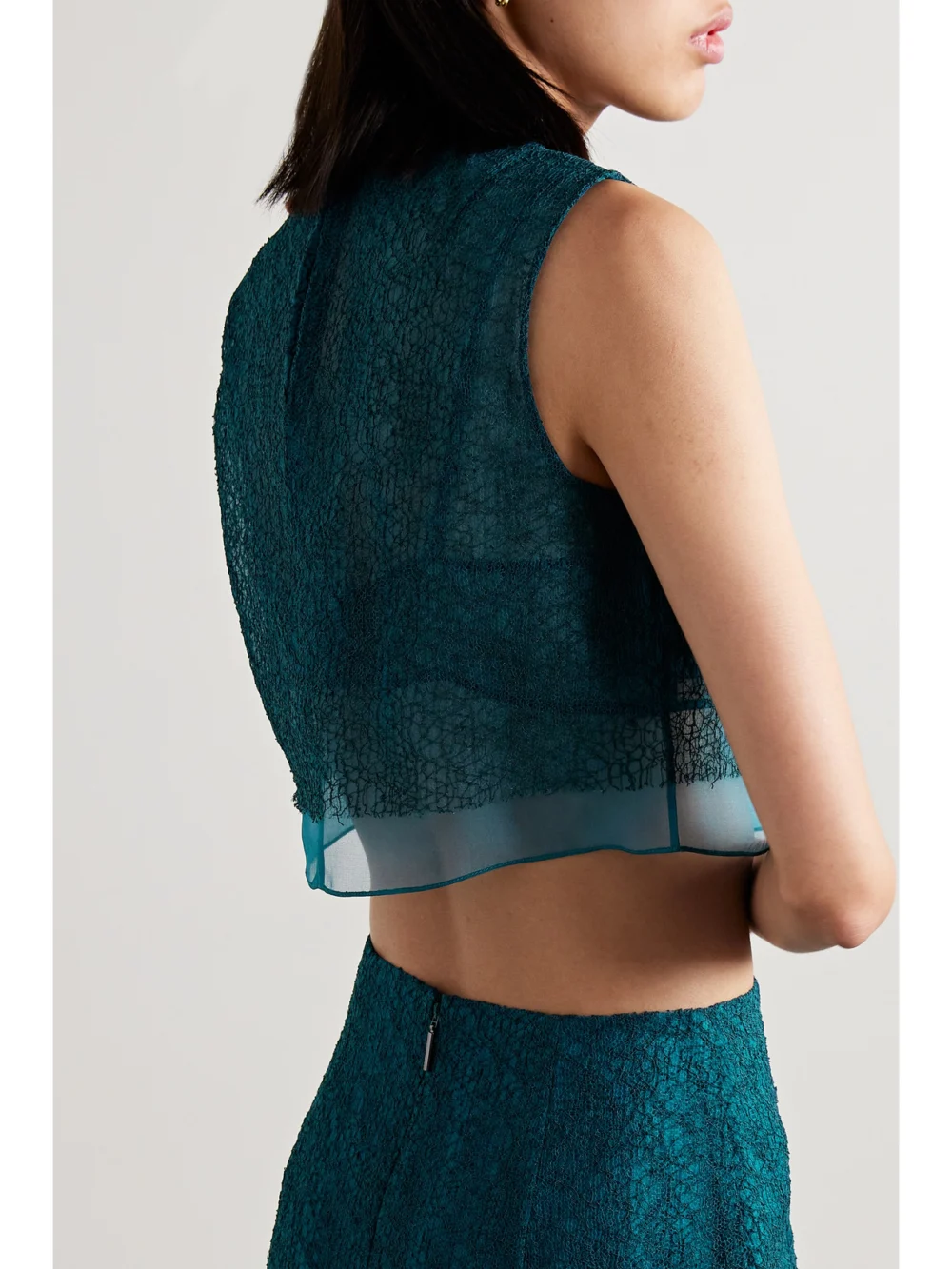 Back view of the Jason Wu Collection Cropped Layered Corded Lace and Silk-organza Top