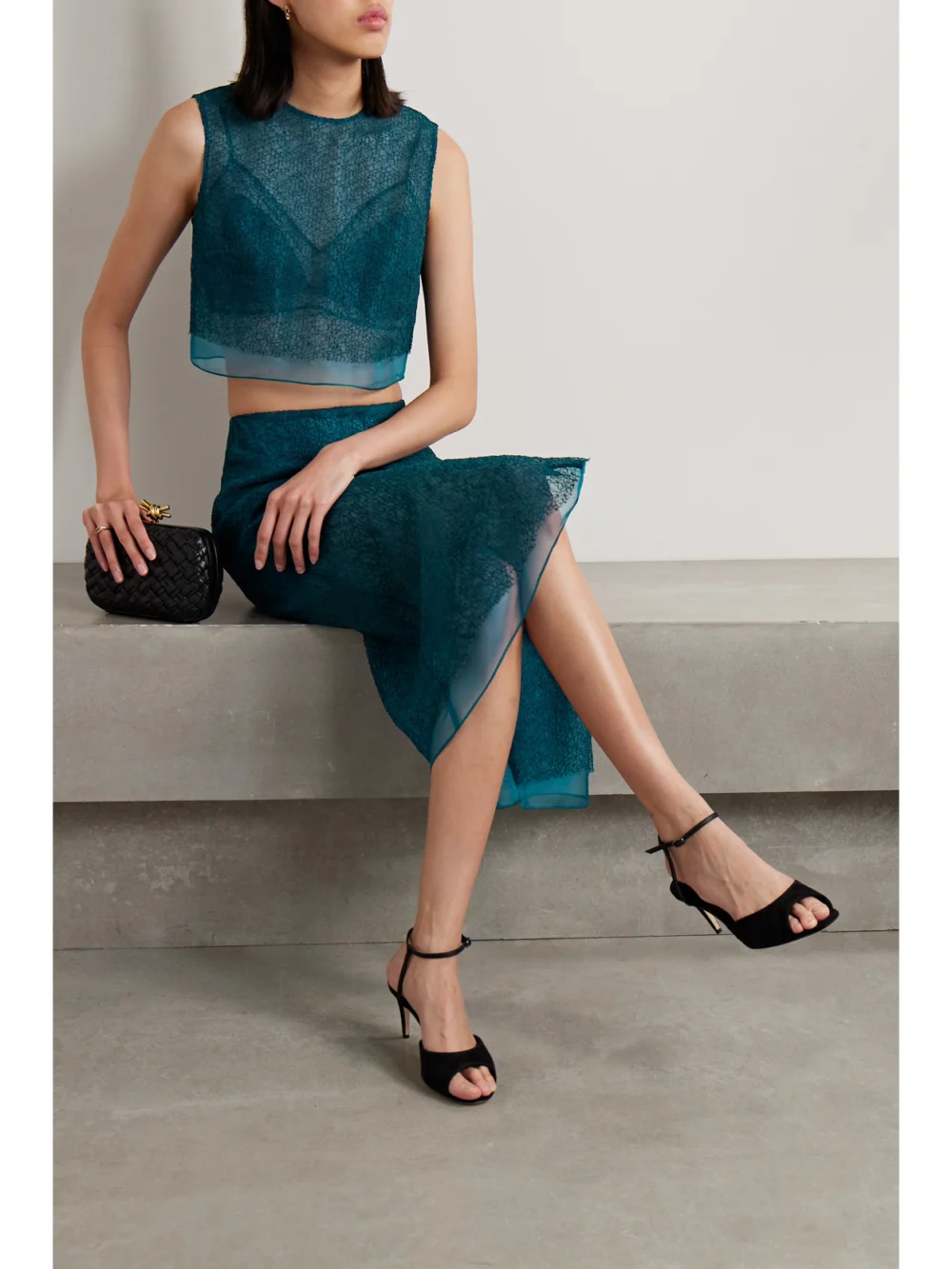 Jason Wu Collection Cropped Layered Corded Lace and Silk-organza Top, worn by a model