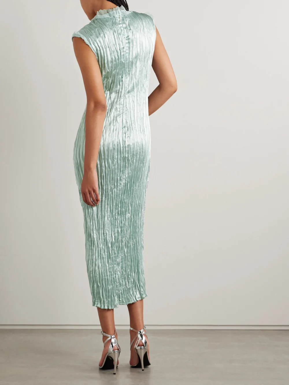 Back view of the Jason Wu Collection Organza-trimmed Plissé Hammered-satin Midi Dress