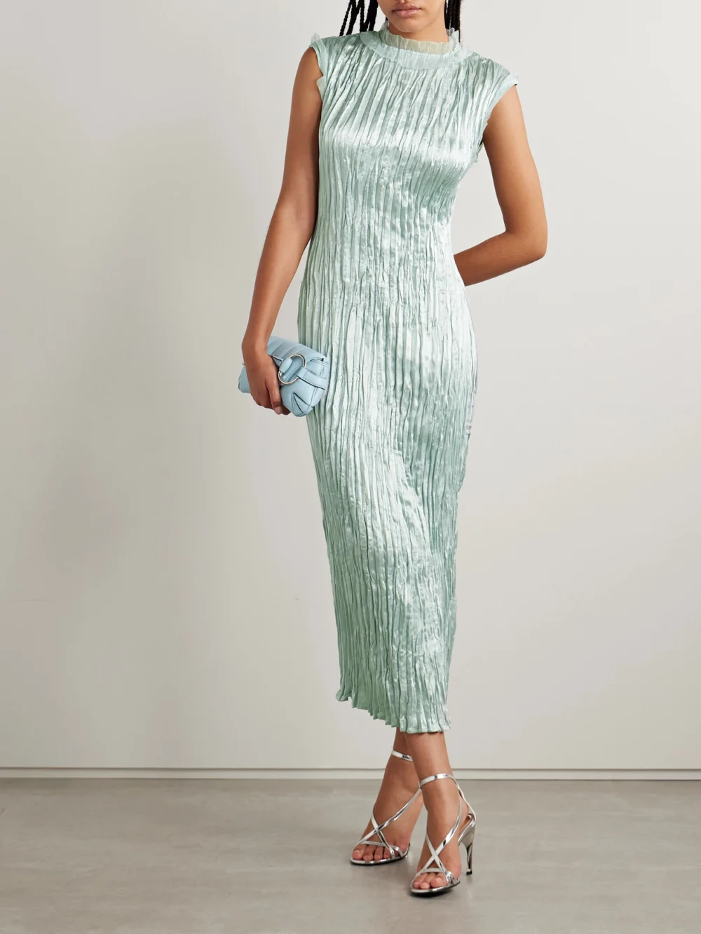Jason Wu Collection Organza-trimmed Plissé Hammered-satin Midi Dress, worn by a model