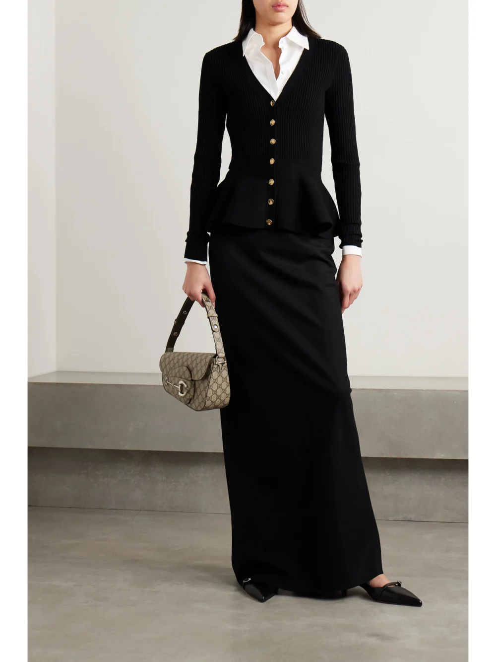 Jason Wu Collection Ribbed-knit Peplum Cardigan, worn by a model
