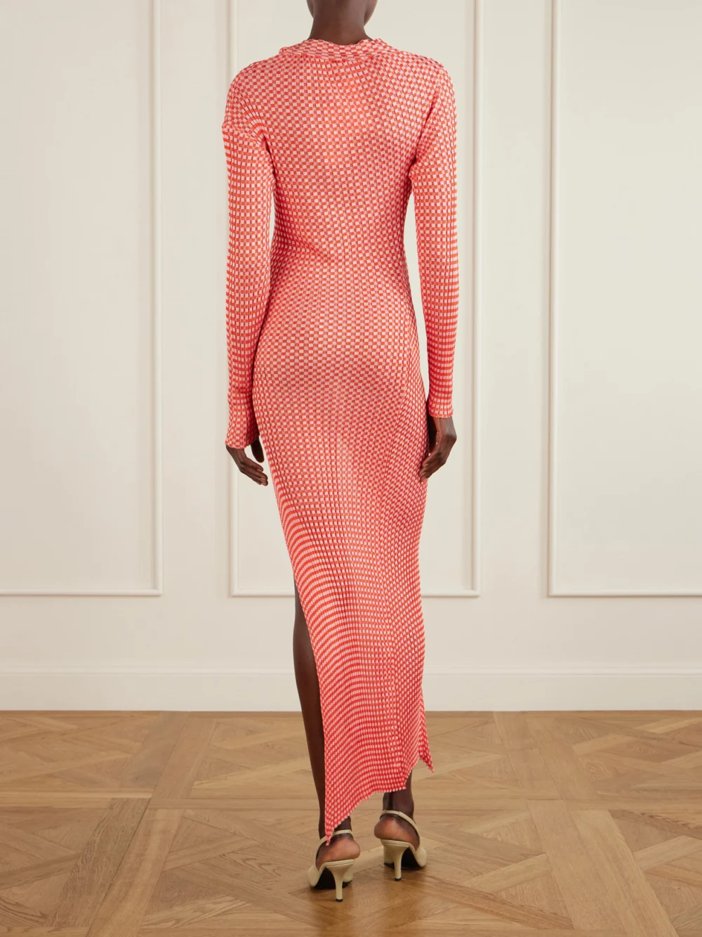 Back view of the Jean Paul Gaultier Asymmetric Checked Ribbed-knit Midi Dress
