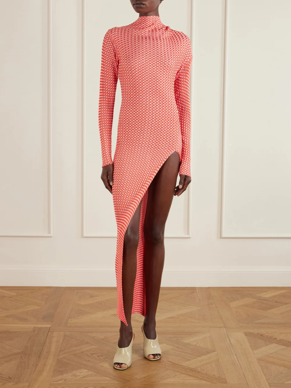 Jean Paul Gaultier Asymmetric Checked Ribbed-knit Midi Dress, worn by a model