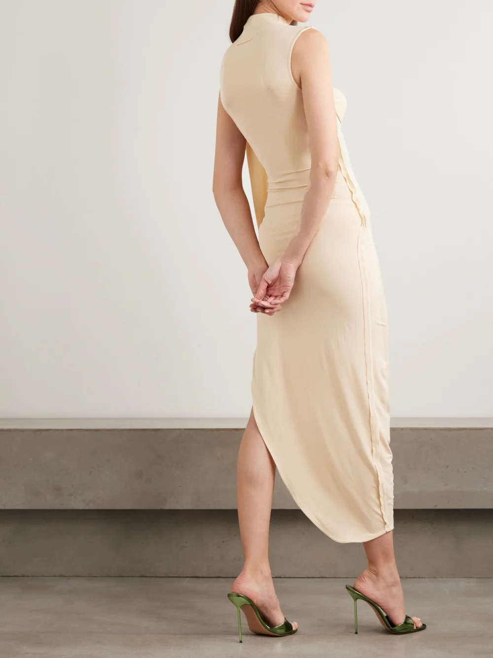 Back view of the Jean Paul Gaultier Asymmetric Draped Appliquéd Mesh and Stretch-jersey Dress
