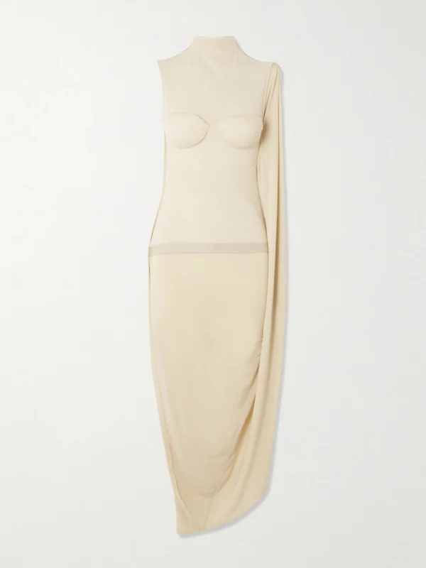 Jean Paul Gaultier Asymmetric Draped Appliquéd Mesh and Stretch-jersey Dress