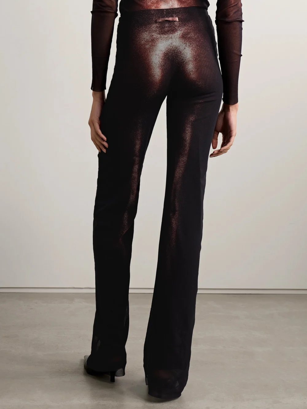 Back view of the Jean Paul Gaultier Body Dust Trompe L'oeil Printed Mesh Straight-leg Pants