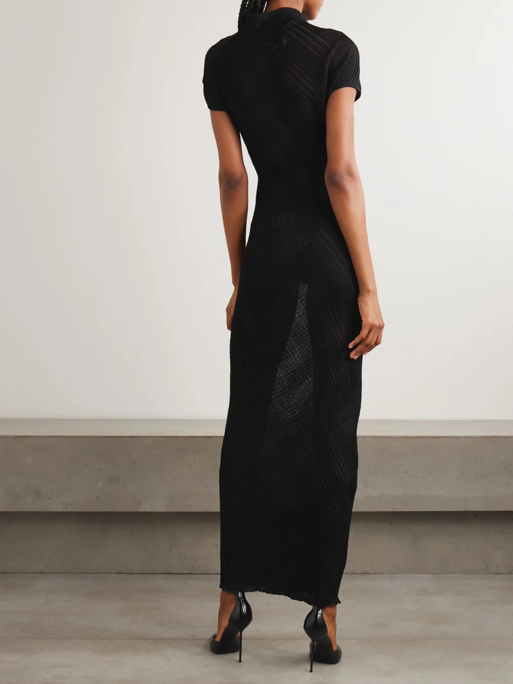 Back view of the Jean Paul Gaultier Embellished Checked Ribbed-knit Turtleneck Maxi Dress