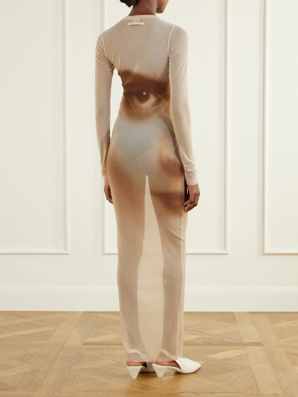 Back view of the Jean Paul Gaultier Face Printed Mesh Maxi Dress