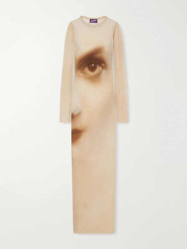Jean Paul Gaultier Face Printed Mesh Maxi Dress