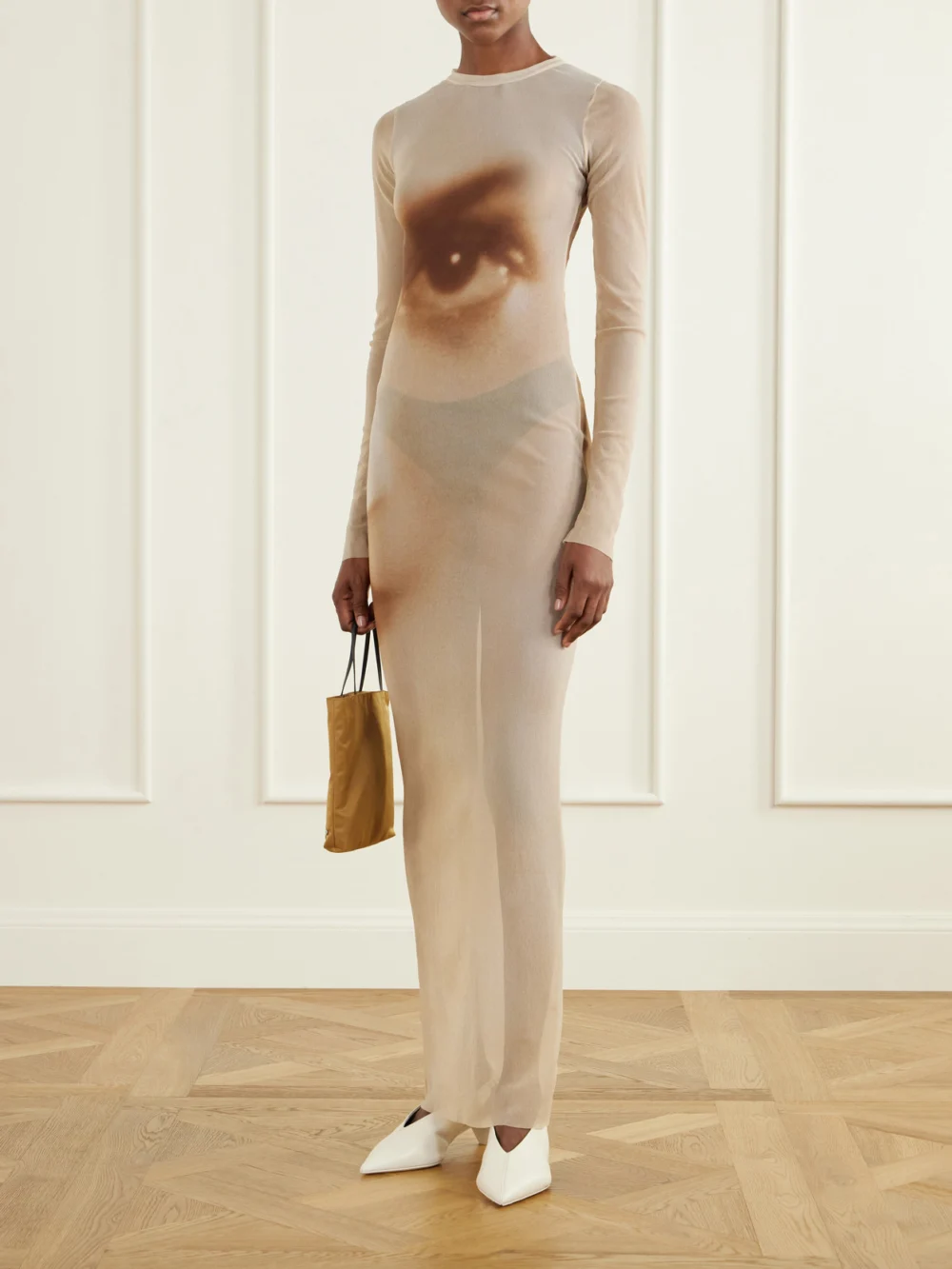 Jean Paul Gaultier Face Printed Mesh Maxi Dress, worn by a model