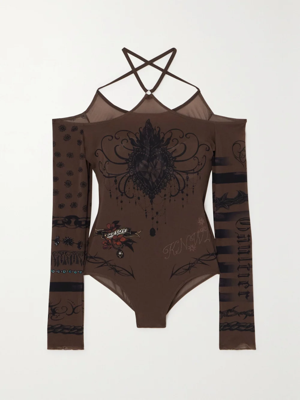 Jean Paul Gaultier + Knwls Cold-shoulder Printed Stretch-jersey Bodysuit in brown