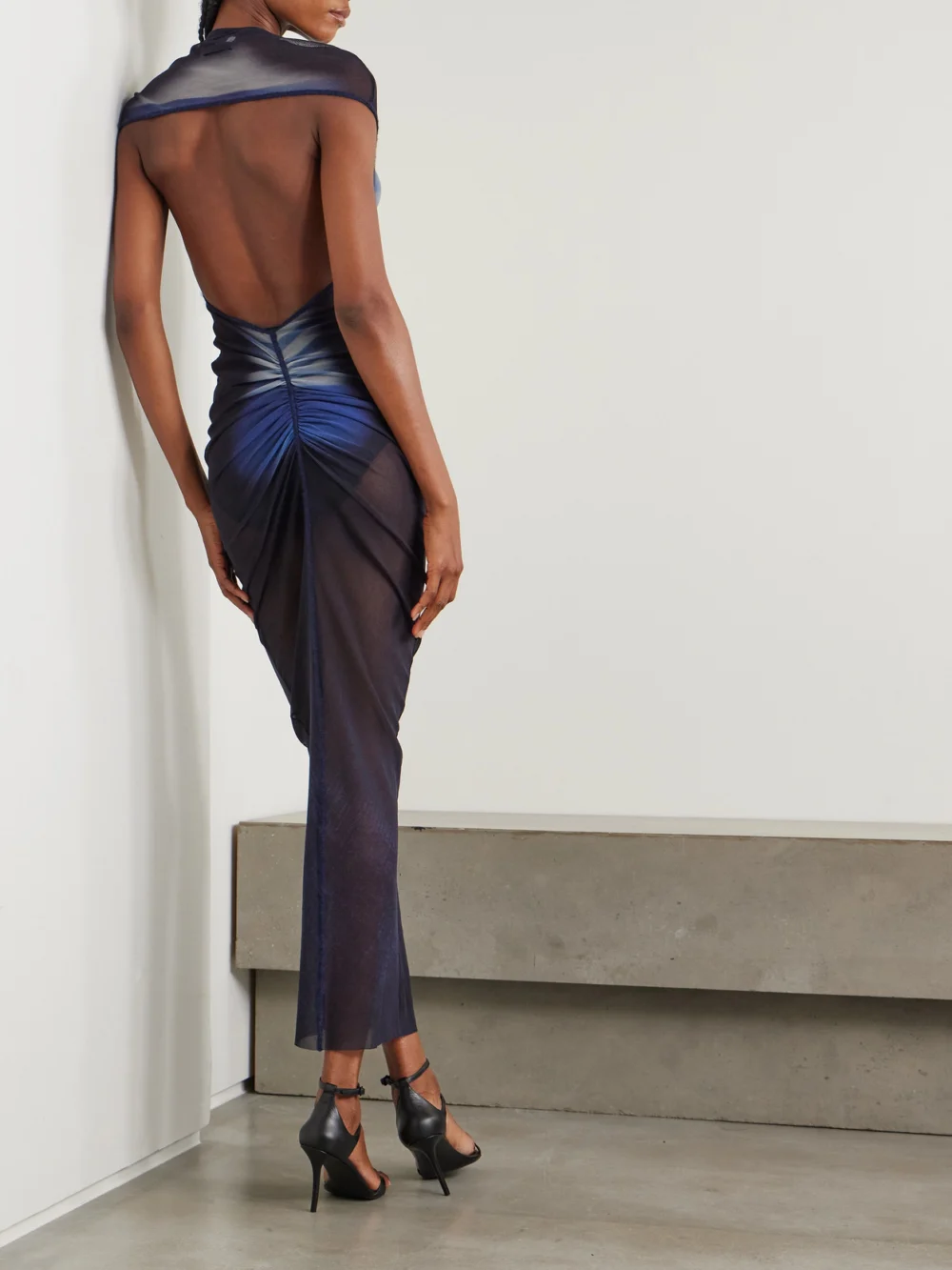 Back view of the Jean Paul Gaultier Le Mâle Gathered Printed Stretch-mesh Maxi Dress