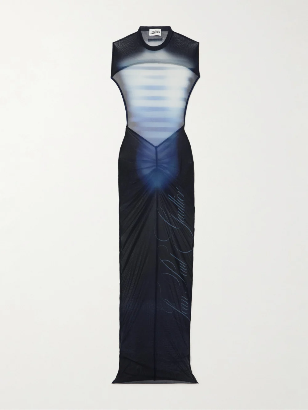 Jean Paul Gaultier Le Mâle Gathered Printed Stretch-mesh Maxi Dress in blue