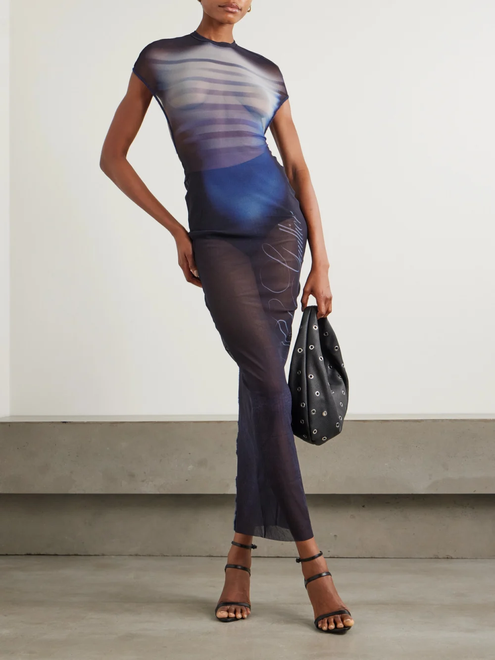 Jean Paul Gaultier Le Mâle Gathered Printed Stretch-mesh Maxi Dress, worn by a model