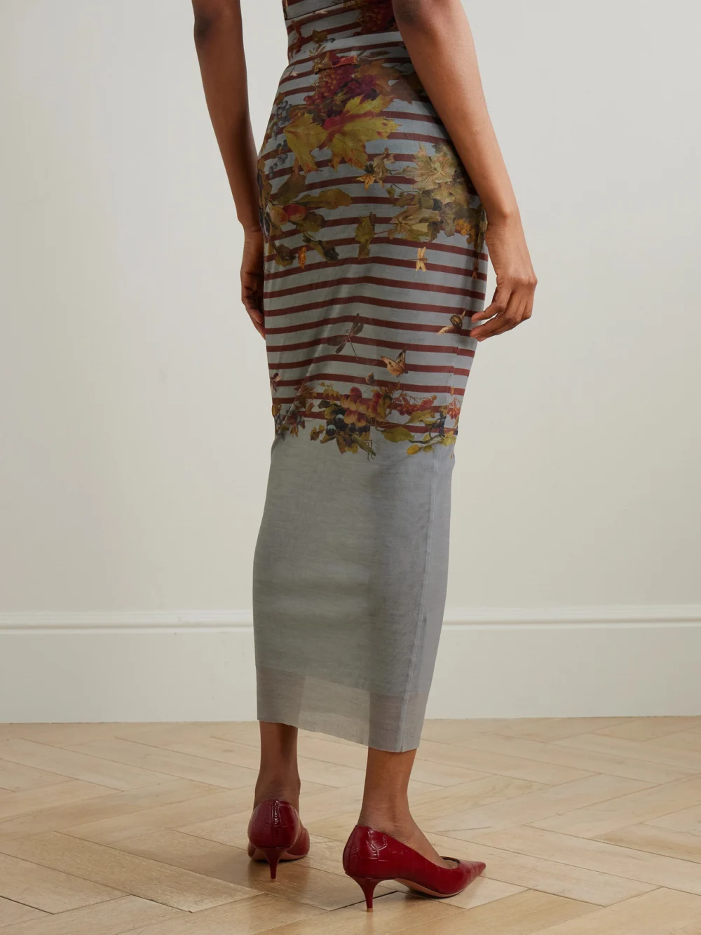 Back view of the Jean Paul Gaultier Marinière Grape Printed Mesh Midi Skirt