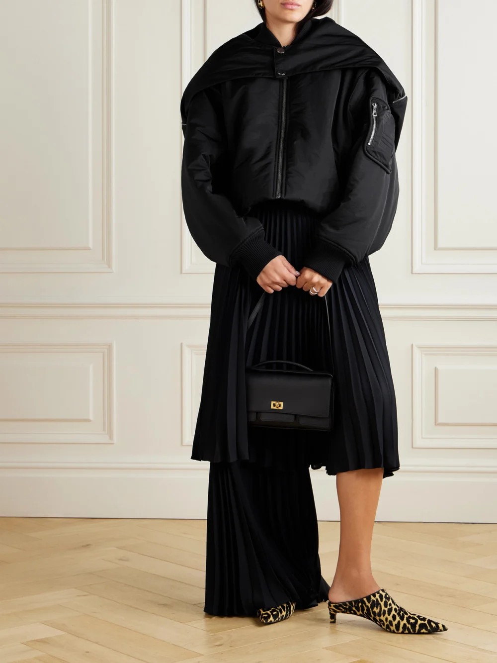 Jean Paul Gaultier Oversized Hooded Shell Bomber Jacket, worn by a model