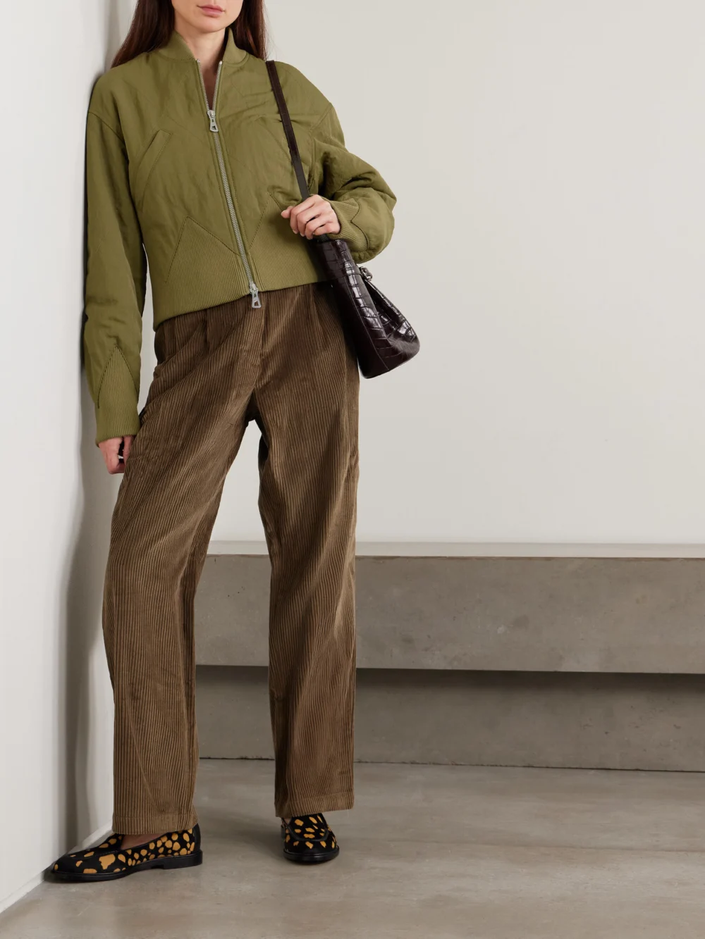 Jean Paul Gaultier Paneled Quilted Recycled-shell Bomber Jacket, worn by a model