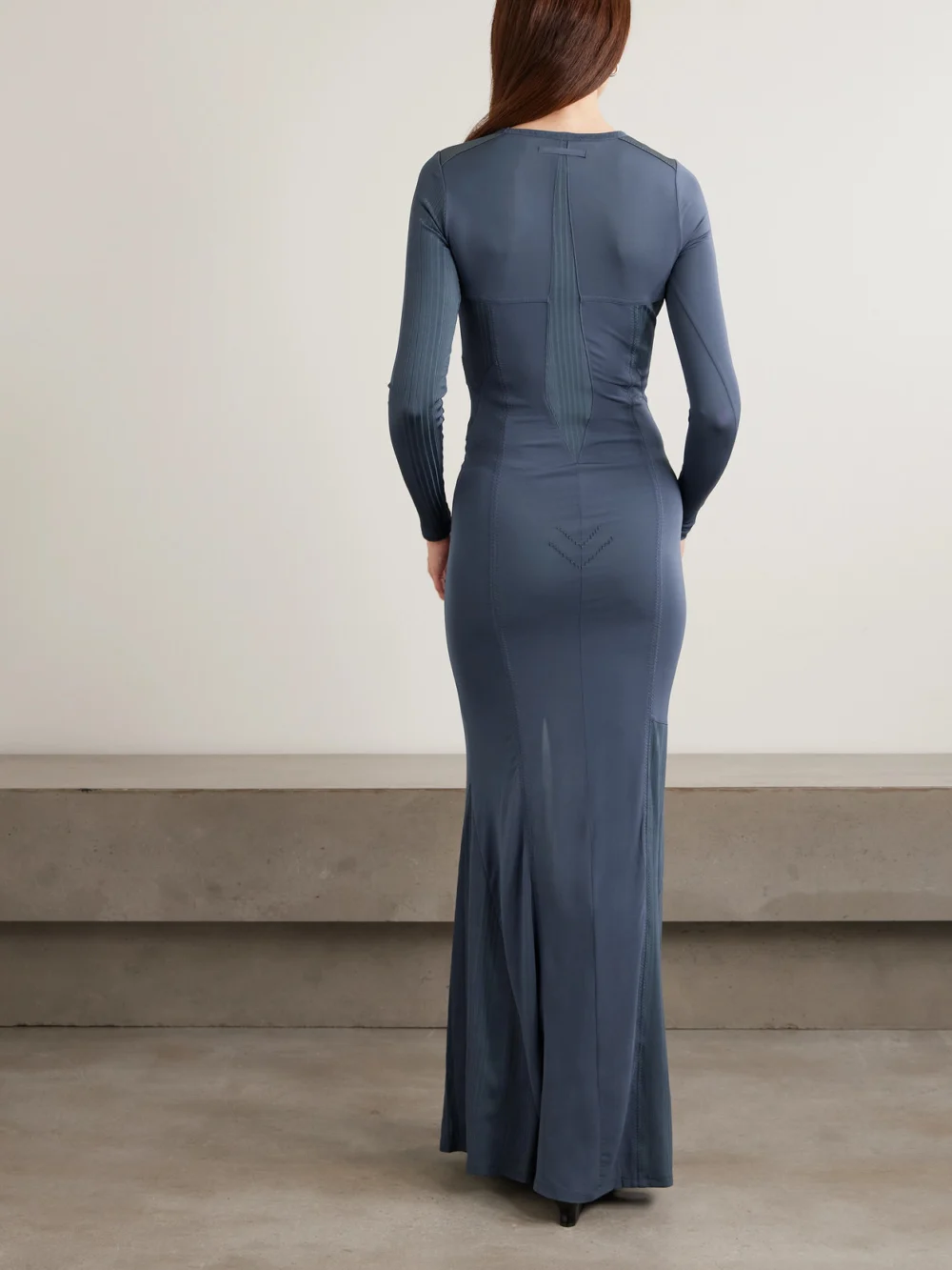 Back view of the Jean Paul Gaultier Paneled Ribbed Stretch-jersey Maxi Dress