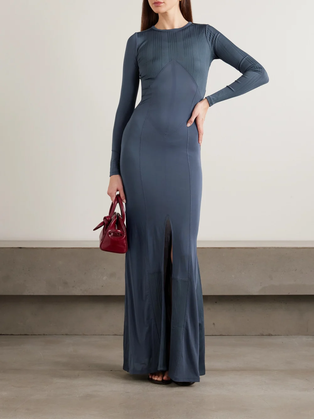 Jean Paul Gaultier Paneled Ribbed Stretch-jersey Maxi Dress, worn by a model