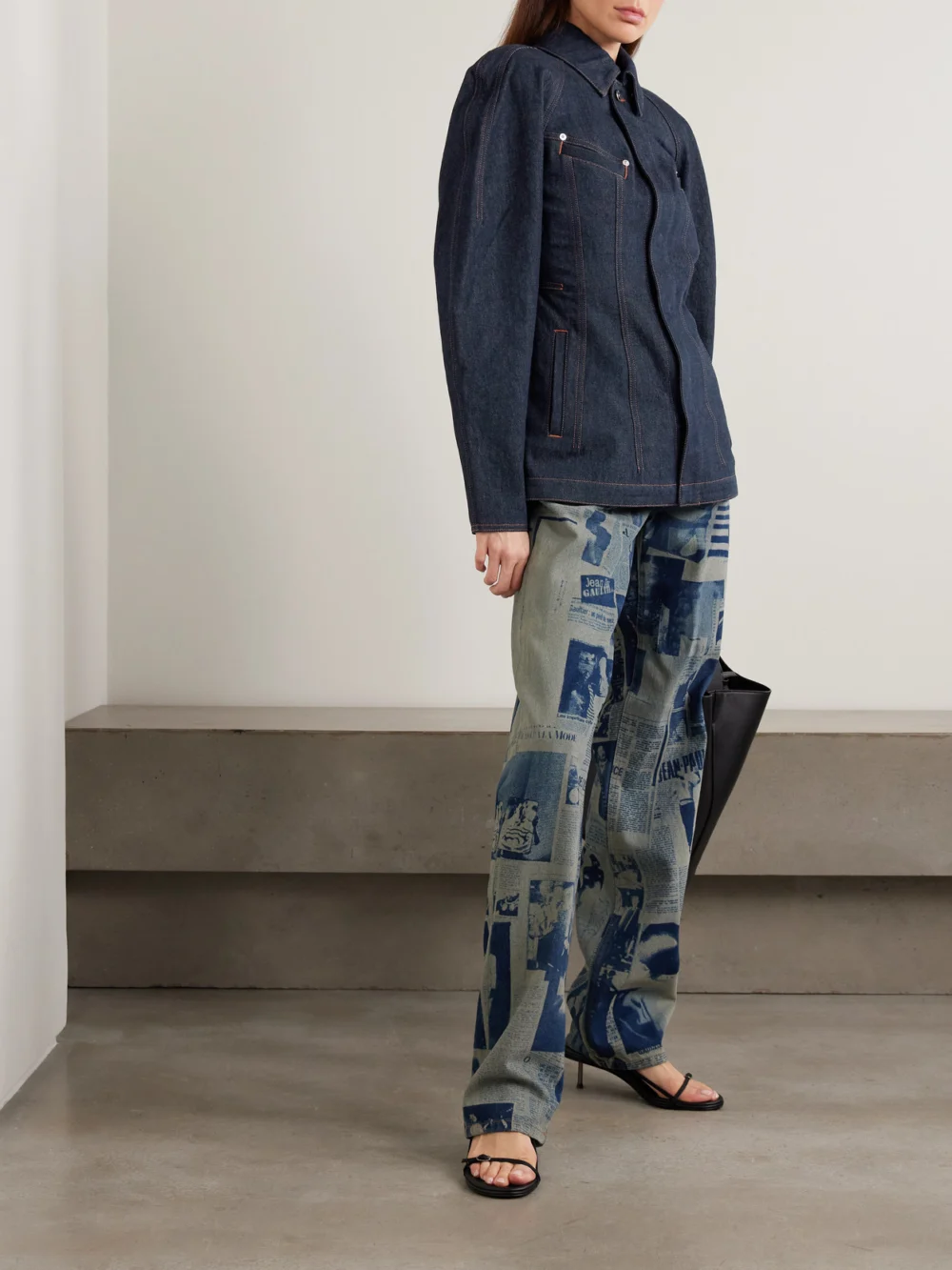Jean Paul Gaultier Paneled Topstitched Denim Jacket, worn by a model