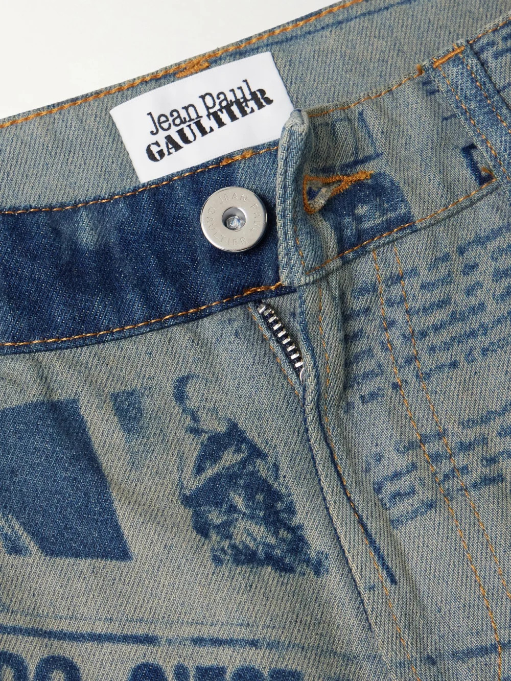 Close-up detail of the Jean Paul Gaultier Printed High-rise Straight-leg Jeans