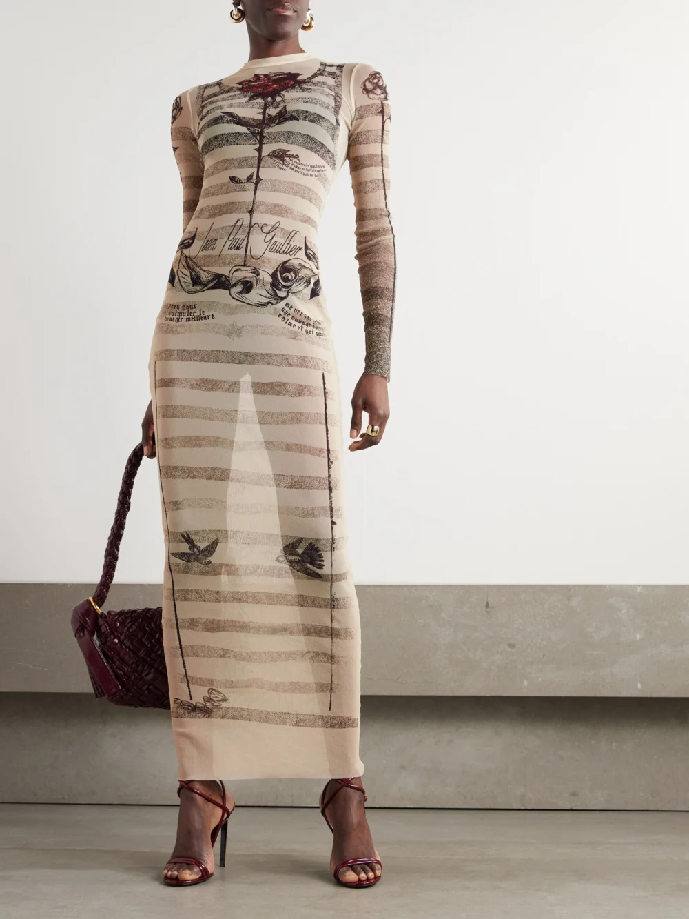 Jean Paul Gaultier Printed Mesh Maxi Dress, worn by a model