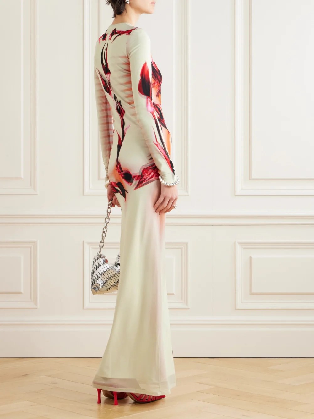 Back view of the Jean Paul Gaultier Printed Stretch-mesh Maxi Dress