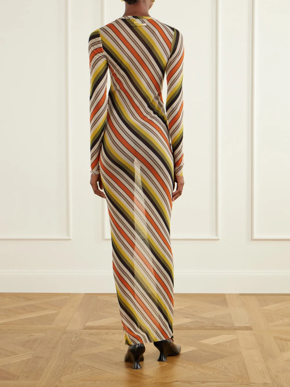 Back view of the Jean Paul Gaultier Retro Stripe Printed Mesh Maxi Dress