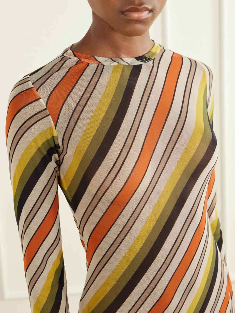 Close-up detail of the Jean Paul Gaultier Retro Stripe Printed Mesh Maxi Dress