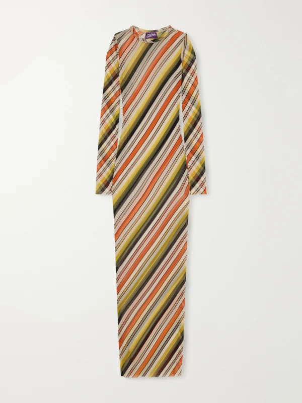 Jean Paul Gaultier Retro Stripe Printed Mesh Maxi Dress