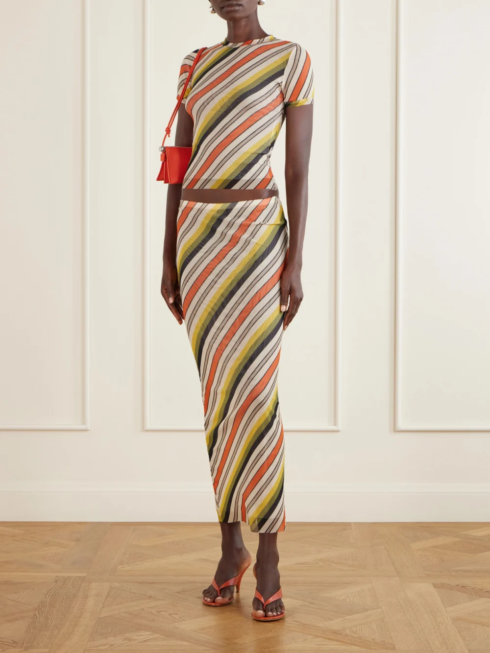 Jean Paul Gaultier Retro Stripe Printed Mesh Top, worn by a model