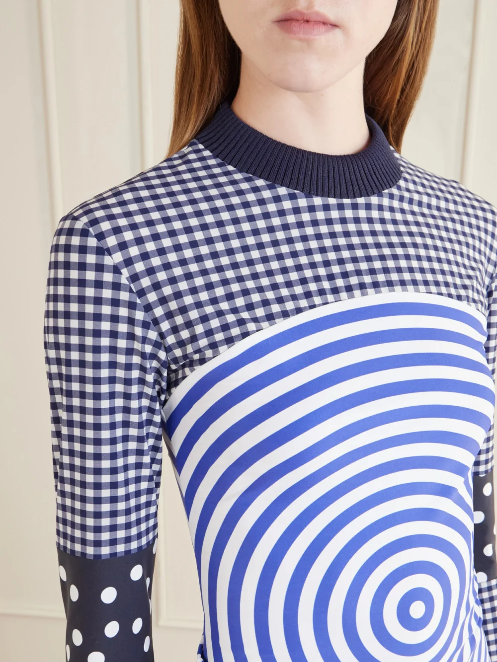 Close-up detail of the Jean Paul Gaultier Ribbed-knit Trimmed Printed Poplin Jersey