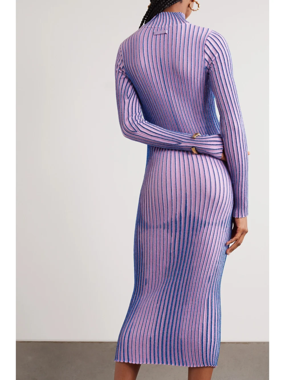Back view of the Jean Paul Gaultier Ribbed Metallic Merino Wool-blend Midi Dress
