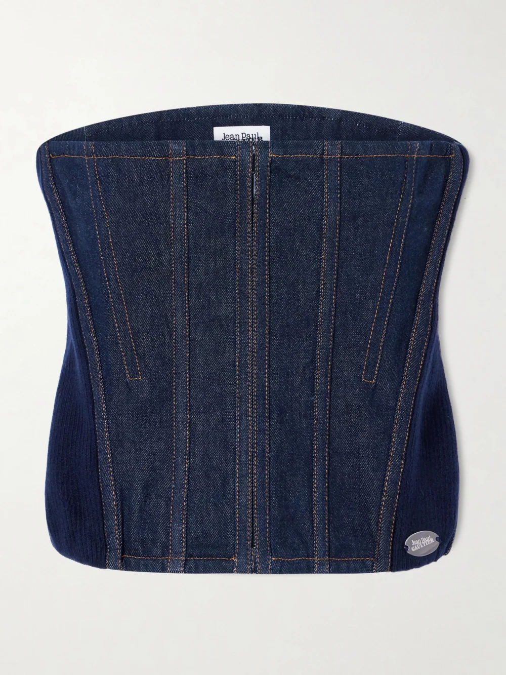 Jean Paul Gaultier Ribbed Wool-blend Trimmed Denim Corset Top in indigo